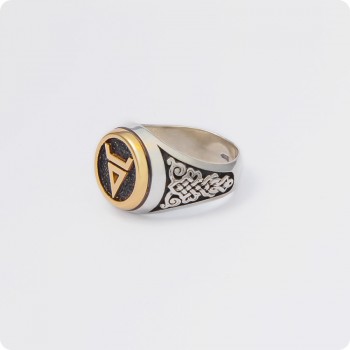 Кольцо с оберегом Символ Велеса (Волоса) из серебра с золотом